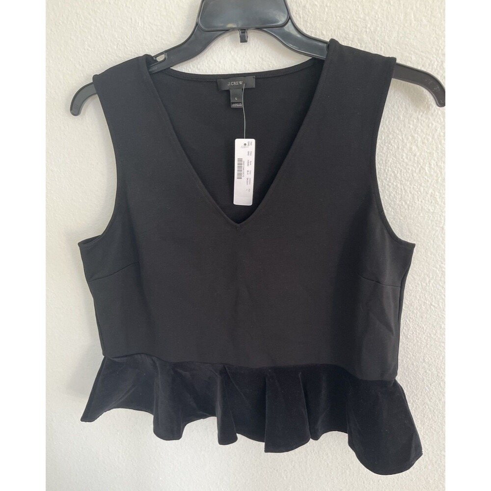 J. Crew Velvet Peplum Tank Top Womens Sleeveless LargeJet Black Ruffled Hem NWT
